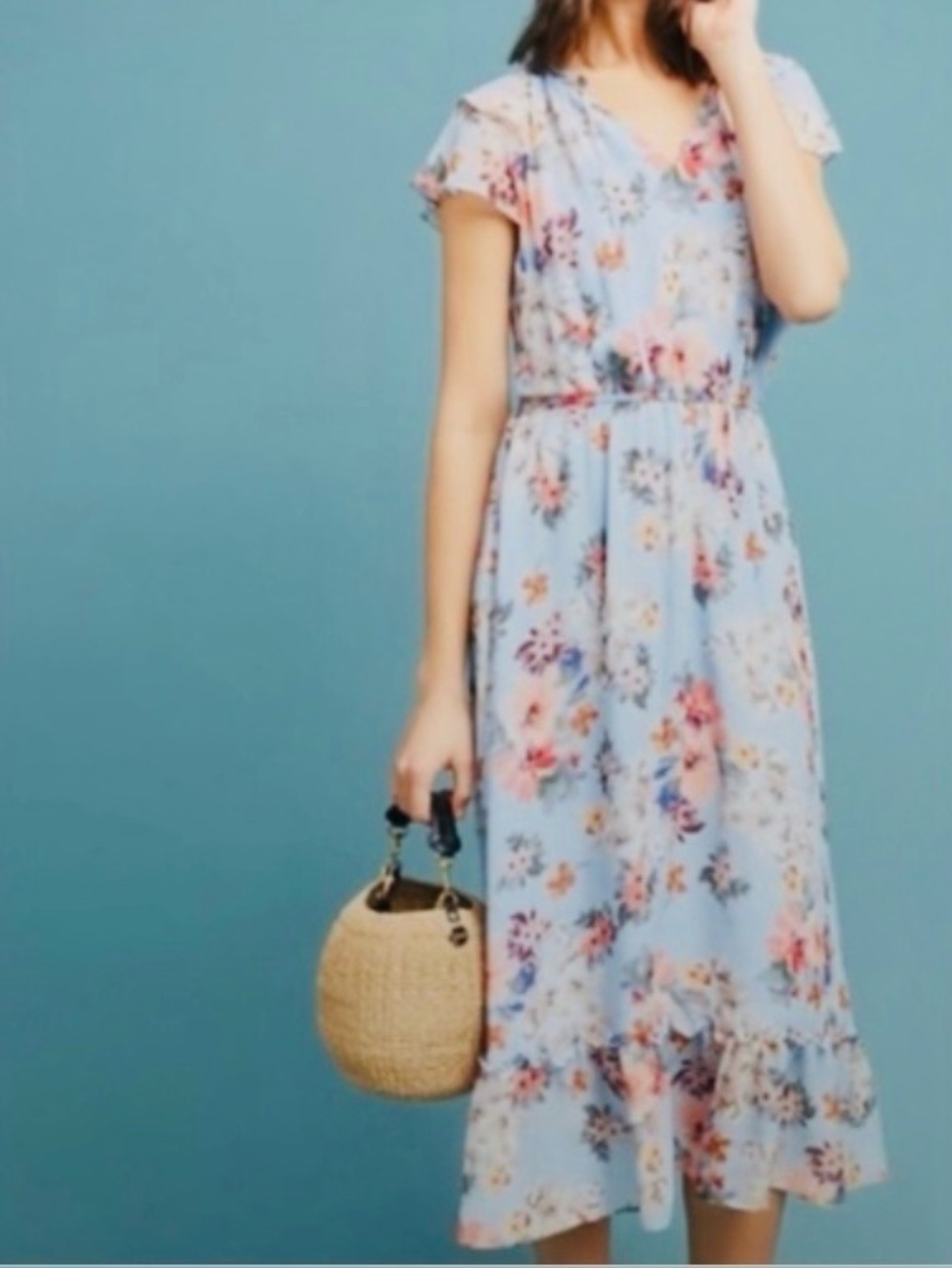 Shoshanna Light Blue Floral Midi Dress with Tie Waist